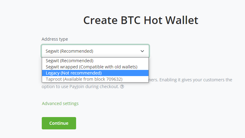 BTCPay 1.3.0 Hot Wallet creation view