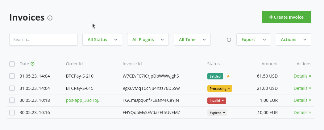 BTCPay Server Hide invoice filter